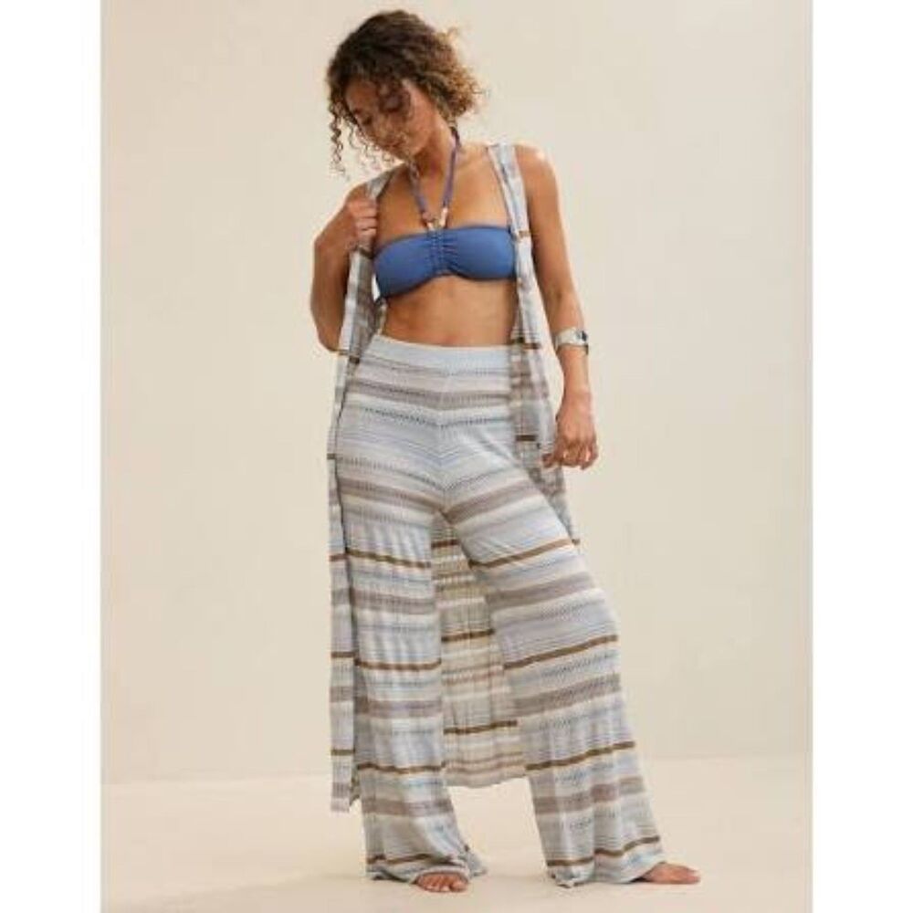 NEW Aerie womens M XL shimmer wide leg pants crochet beach cover up blue striped